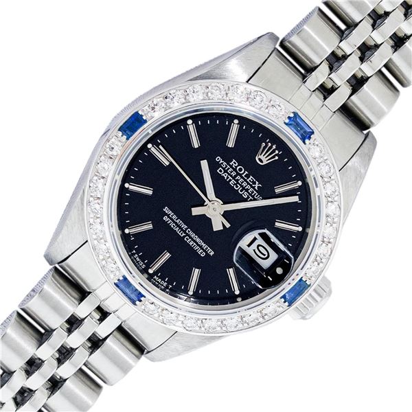 Rolex Ladies Stainless Steel Quickset Black Index Diamond And Sapphire Bezel Dat