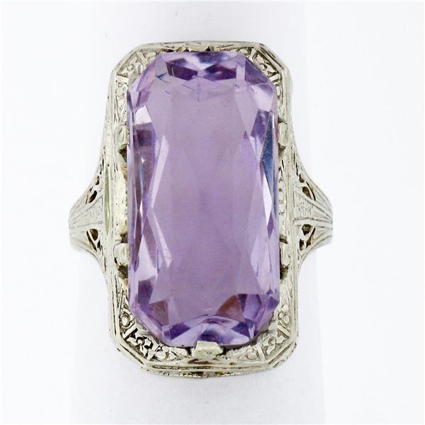 Antique Art Deco 14k White Gold Faceted Purple Stone Etched Filigree Dinner Ring