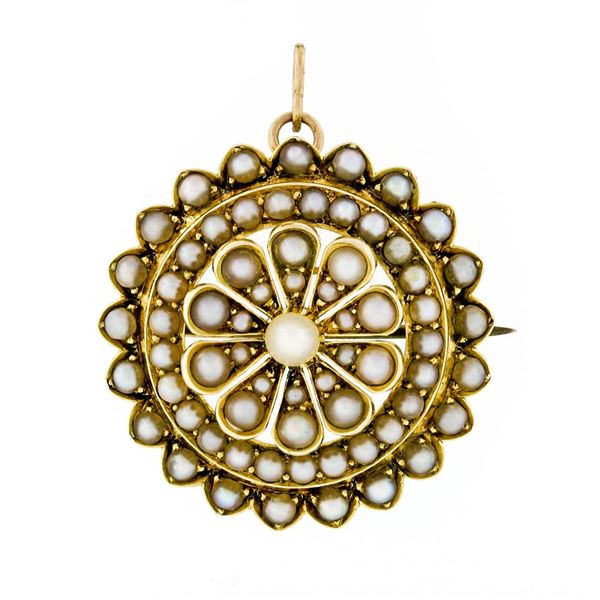 Antique Victorian 14k Gold Round Pearl Layered Circle Flower Brooch Pin Pendant