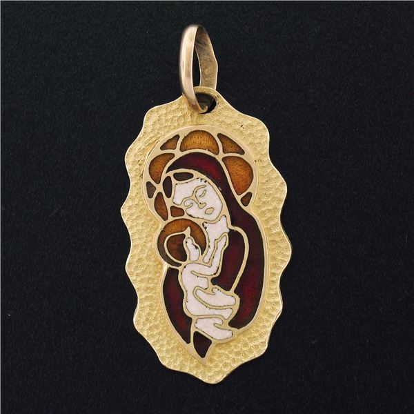 Vintage Eftepi Depose 18K Yellow Gold Mosaic Enamel Mother Mary & Jesus Pendant