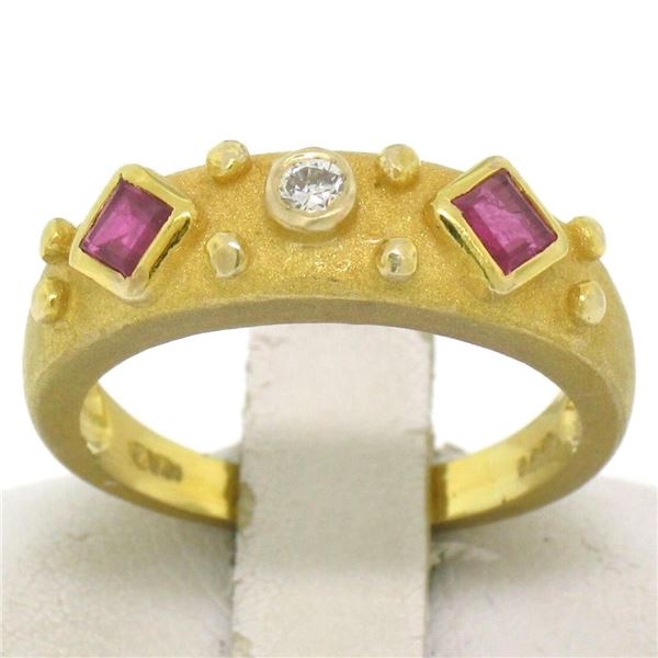 14k Yellow Gold 0.55 ctw Square Blood Ruby Round Diamond Sandblasted Band Ring