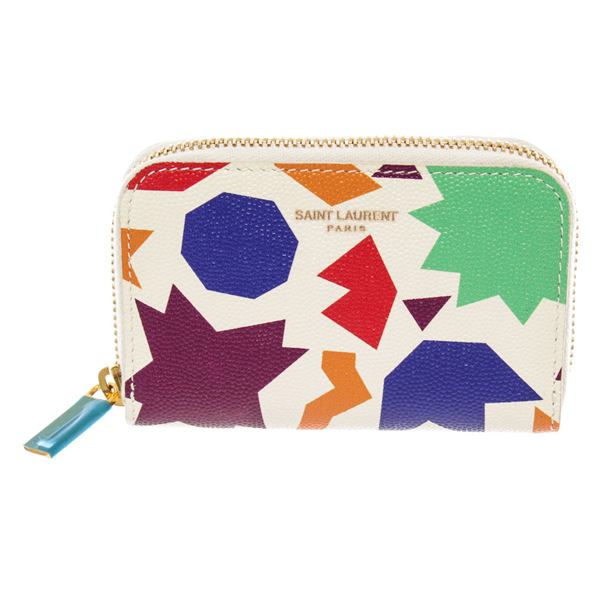 Saint Laurent White Multicolor Leather Small-Shapes Print Compact Zippy Wallet