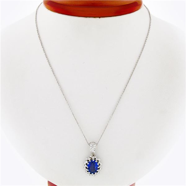 New 14k White Gold 2.59 ctw Oval Tanzanite & Diamond Dual Halo Pendant w/ Chain