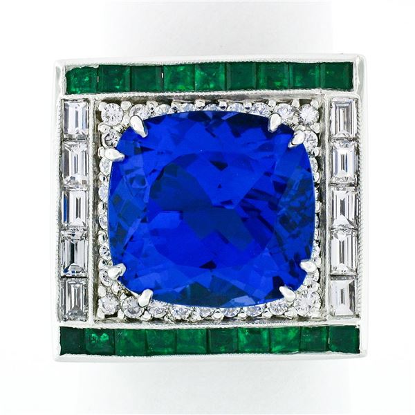 Estate Platinum 12.53 ctw GIA Tanzanite Emerald & Diamond Cocktail Statement Rin