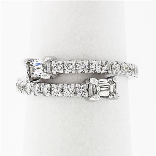 New 14k White Gold Emerald Cut & Round Diamond Moi et Toi Bypass Stack Band Ring