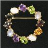 Image 5 : 14k Yellow Gold 5.18 ctw Wreath Brooch w/ Amethyst Garnet Moonstone Peridot Opal