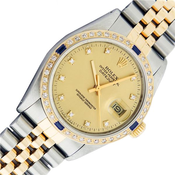 Rolex Mens 2T Champagne Diamond & Sapphire Datejust Wristwatch 36MM