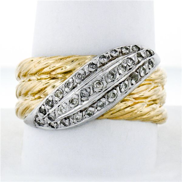 Vintage Mens 14K TT Gold .30 ctw Diamond Wrap Textured Triple Cable Wide Band Ri