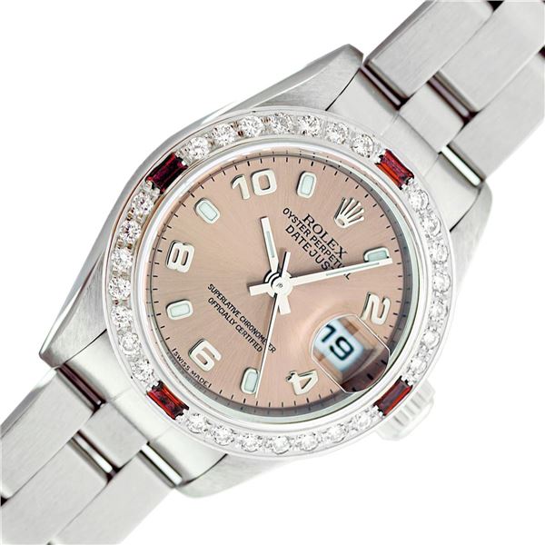 Rolex Ladies Quickset Salmon Arabic & Ruby Diamond Datejust 26MM