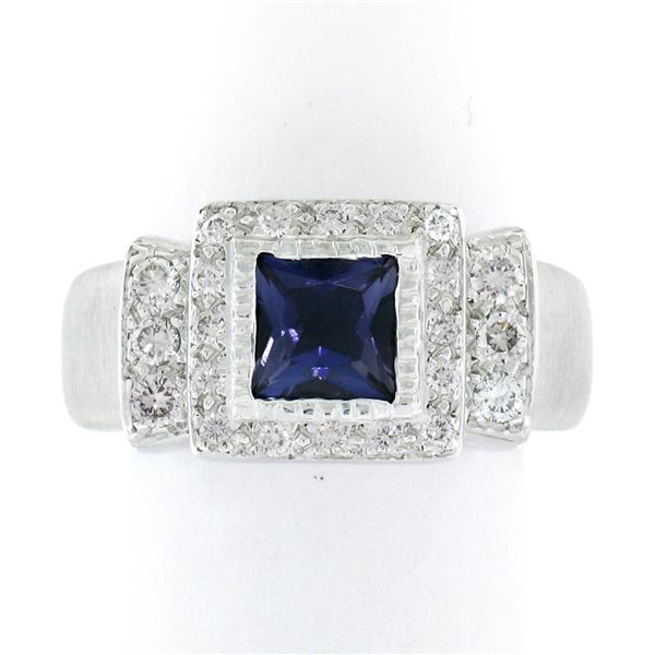 14K White Gold 1.65 ctw Princess Iolite Bezel Solitaire Diamond Halo Brushed Rin