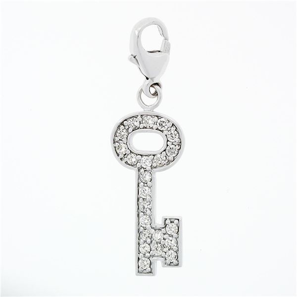 14K White Gold .66 ctw Diamond Long Lock Key Dangle Charm Pendant w/ Lobster Cla