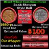 Image 1 : Mixed small cents 1c orig shotgun roll, 1920-p Lincoln Cent, Wheat Cent other end, Coca Cola Wrapper