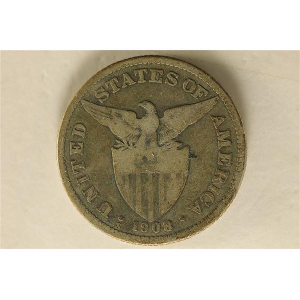 1908-S US/PHILIPPINES SILVER 50 CENTAVO .241 OZASW