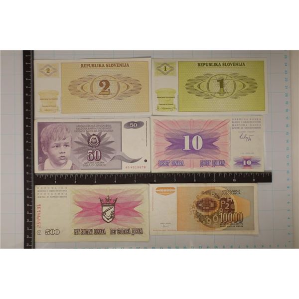 4 YUGOSLAVIA & 2 SLOVENJIA BILLS: 10, 50, 500 &