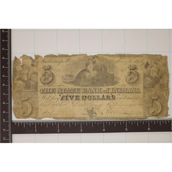 1844 STATE BANK OF INDIANA $5 OBSOLETE BILL