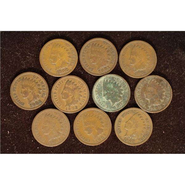 10 INDIAN HEAD CENTS. 1900 TO 1907