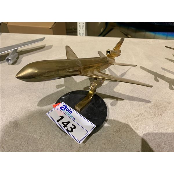 BRASS MODEL AIRPLANE ON MARBLE STAND 10.5" LONG