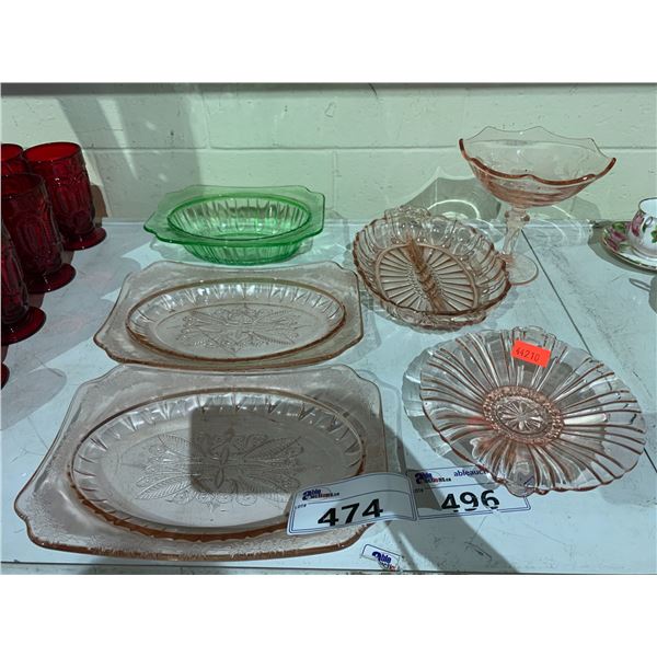 PINK AND GREEN DEPRESSION GLASS SERVING PLATTERS