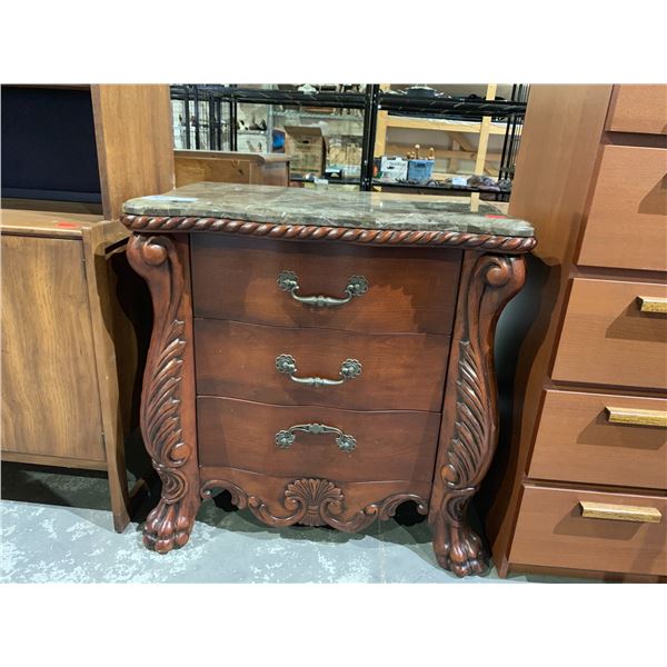 MARBLE TOP CLAW FOOT 3 DRAWER CABINET