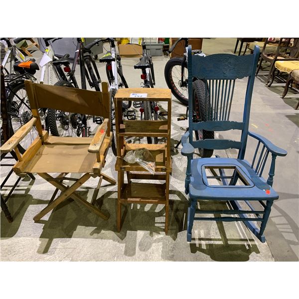 2 ASSORTED ANTIQUE CHAIRS & ANTIQUE STEP LADDER