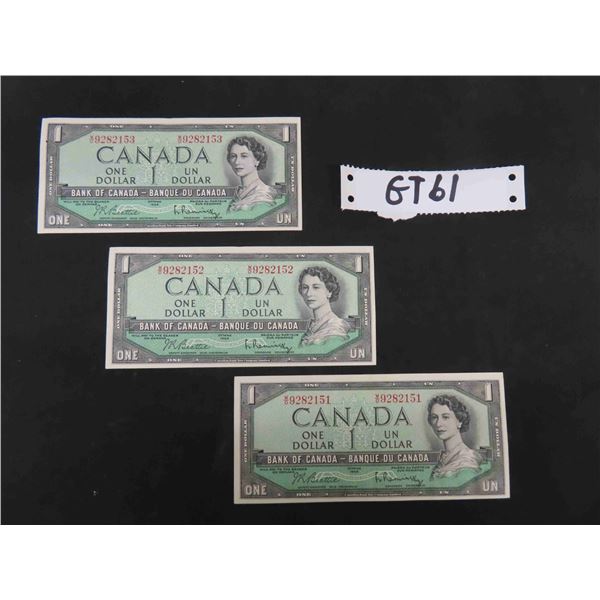 3 1954 Canada 1 Paper Bills With Consecutive Serial 3-1954-canada-1-paper-bills-with-consecutive-serial