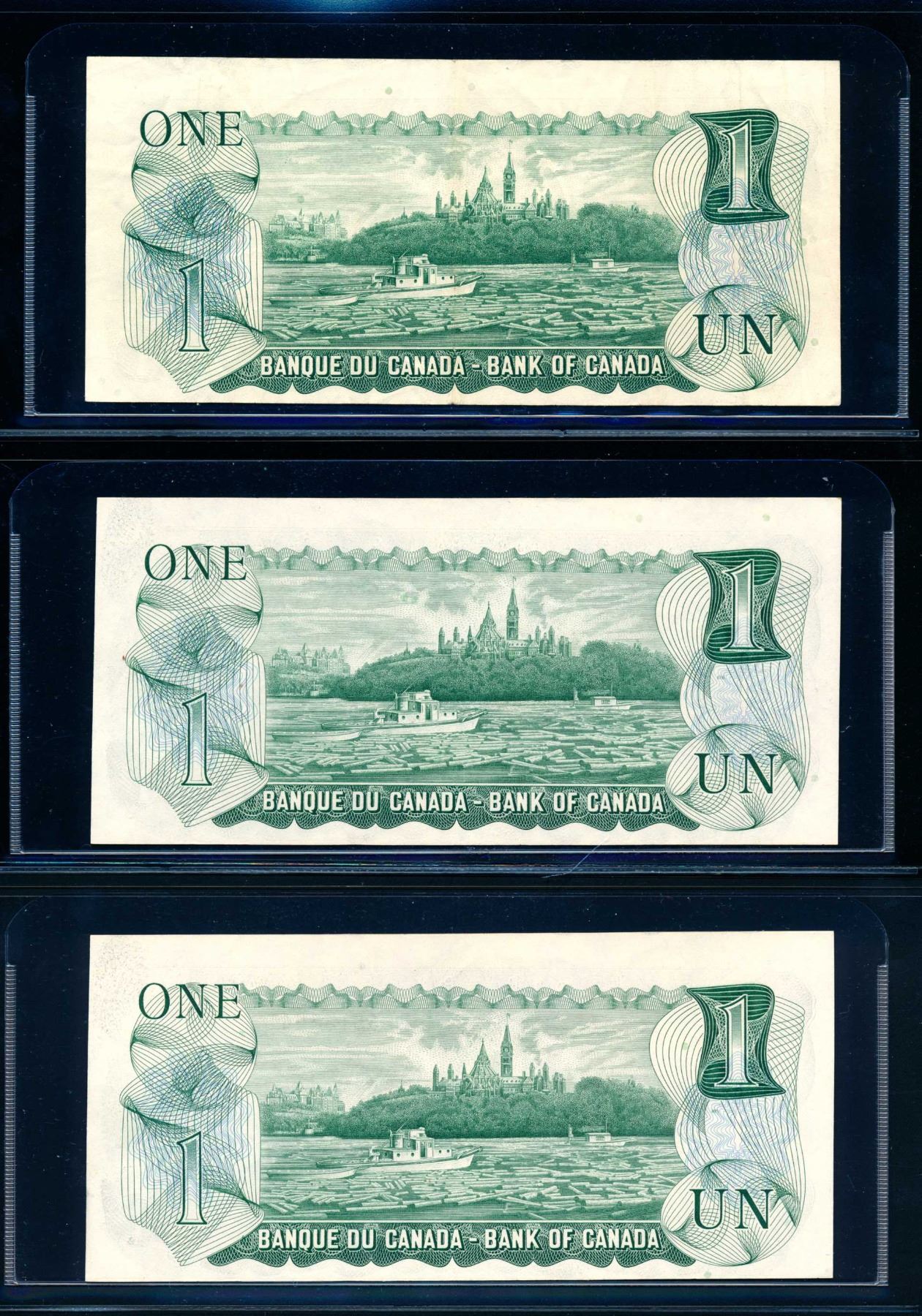 Error Bank Notes BANK of CANADA $1.00 1973. A Trio of Error Banknotes VF-AU