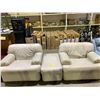 Image 1 : PAIR OF MATCHING WHITE LEATHER LOUNGE CHAIRS (SOME DAMAGE) WITH MATCHING OTTOMAN