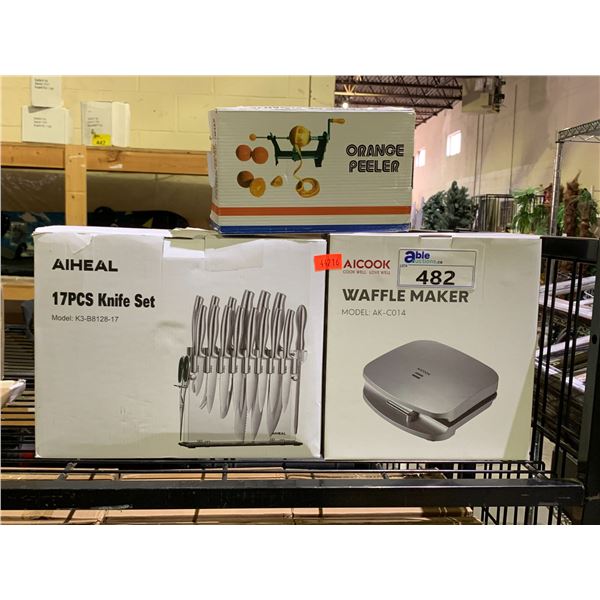 KNIFE SET, WAFFLE MAKER AND ORANGE PEELER