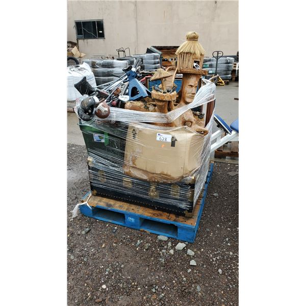 PALLET OF ASSORTED ITEMS INCLUDING; MINIATURE TIKI MANSION, GOLF CLUBS, FRAMED ART & MORE