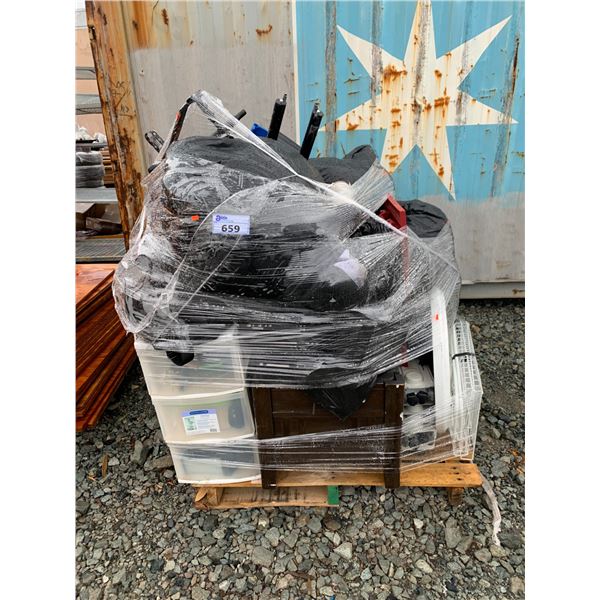 PALLET OF ASSORTED ITEMS INCLUDING; ORGANIZER, CHEST, RADIATOR HEATER & MORE