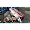 Image 1 : 2 PALLETS OF ASSORTED ITEMS INCLUDING; WEIGHT BENCH WITH BARBELL, ROLLS OF FABRIC, TABLE TOP & MORE