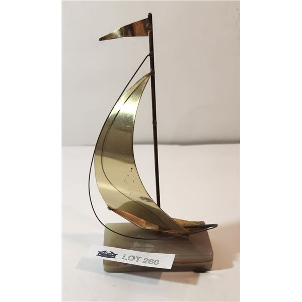 Brass Ship Marble Base 8” Tall Two Corner Chips