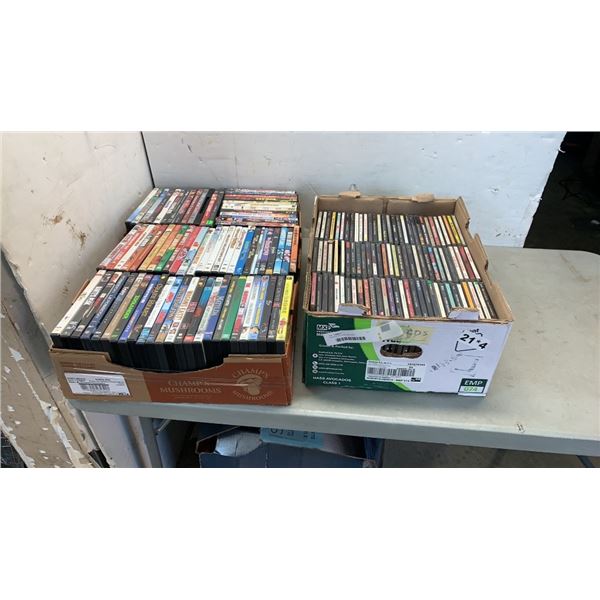 2 BOXES OF DVDS AND CDS