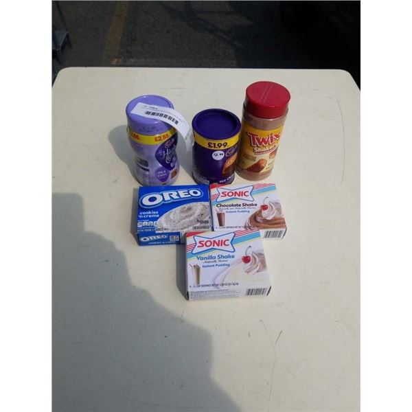 LOT OF CADBURY HOT CHOCOLATE FROTHY CHOCOLATE AND TWIX DRINK MIXES WITH PUDDING/ PIE FILLING POWDER-