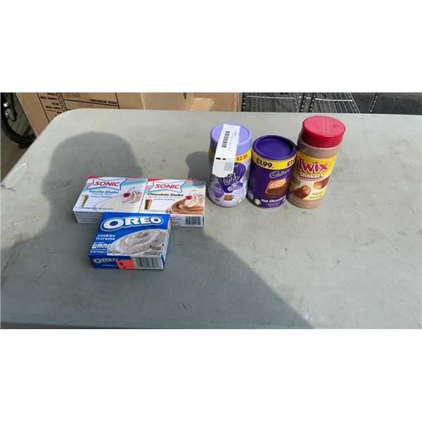 LOT OF CADBURY HOT CHOCOLATE MILK CHOCOLATE AND TWIX DRINK MIXES WITH PUDDING/ PIE FILLING POWDER- B