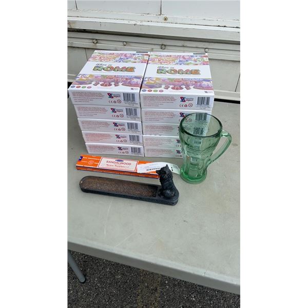 LOT OF NEW WHEN IN ROME GAMES, COCA COLA CUP, SANDLEWOOD INCENSE AND HOLDER