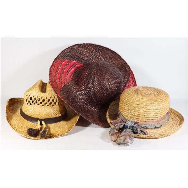 THREE STRAW HATS APPEAR TO BE NEAR SIZE MEDIUM