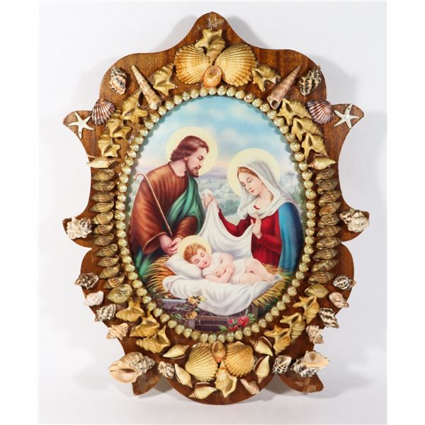 VINTAGE RELIGIOUS ART WITH HAND MADE SEASHELL