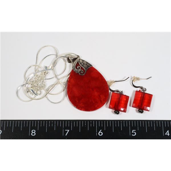 VINTAGE DEEP RED PENDANT ON CHAIN WITH EARRINGS