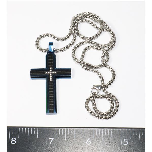 BLUE METAL CROSS ON HEAVY DUTY CHAIN