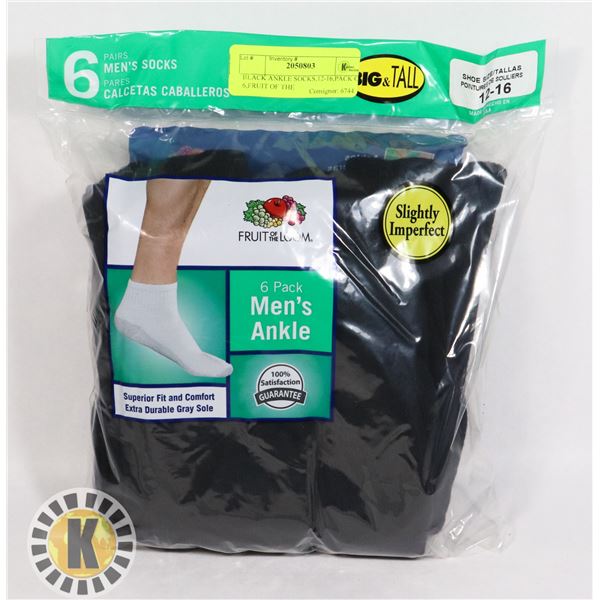 BLACK ANKLE SOCKS,12-16,PACK OF 6,FRUIT OF THE