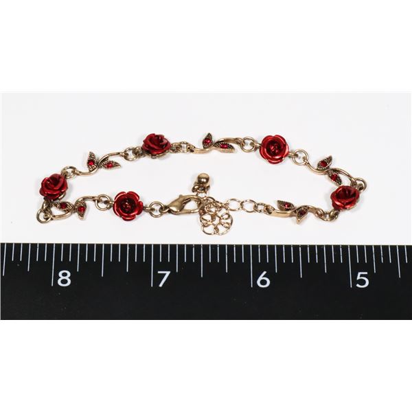 NEW ROSE BRACELET HAS RED RHINESTONE ACCENTS