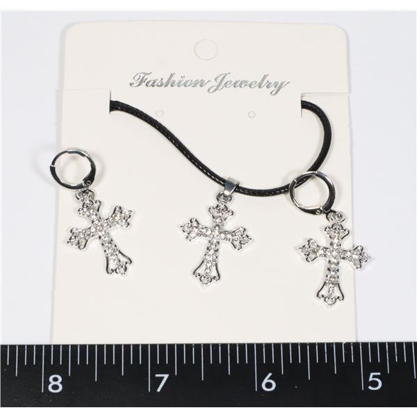 NEW RHINESTONE CROSS EARRINGS AND NECKLACE SET