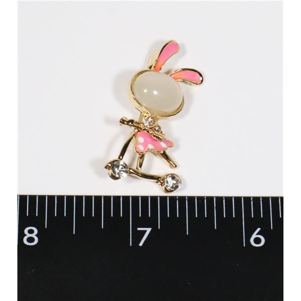 NEW PINK SKIRT BUNNY ON SCOOTER BROOCH