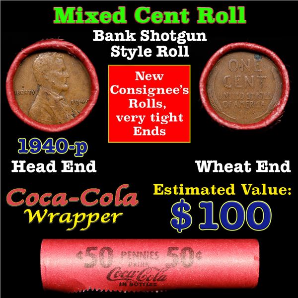 Mixed small cents 1c orig shotgun roll,  Wheat Cent, 1940-p Lincoln Cent other end, Coca Cola Brandt