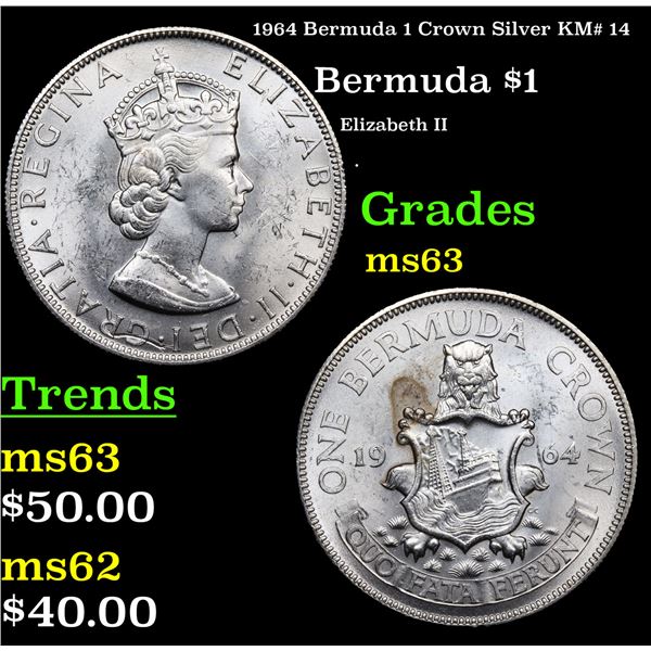 1964 Bermuda 1 Crown Silver KM# 14 Grades Select Unc