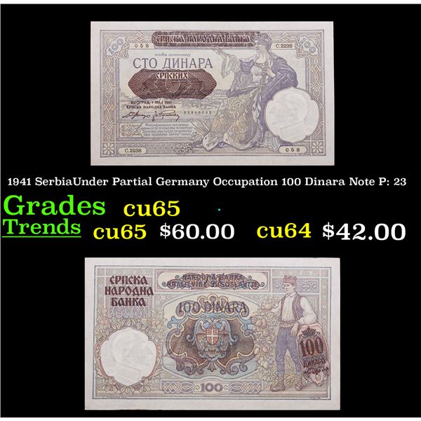 1941 SerbiaUnder Partial Germany Occupation 100 Dinara Note P: 23 Grades Gem CU