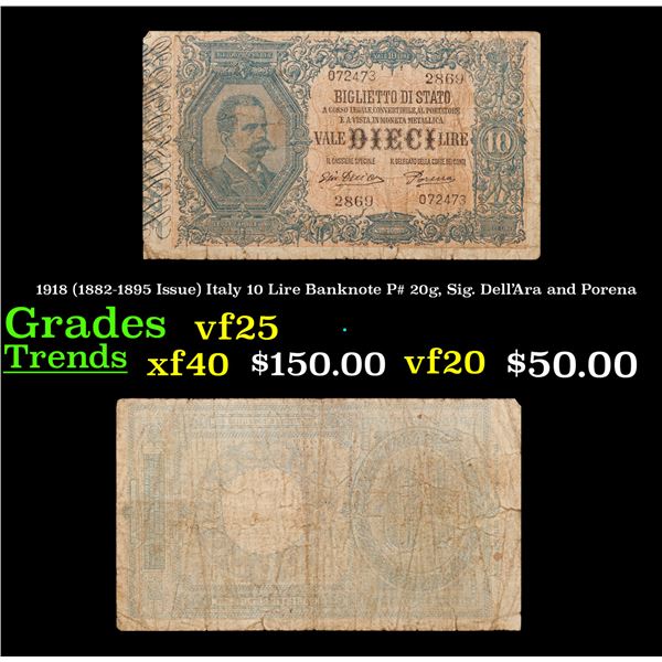 1918 (1882-1895 Issue) Italy 10 Lire Banknote P# 20g, Sig. Dell'Ara and Porena Grades vf+