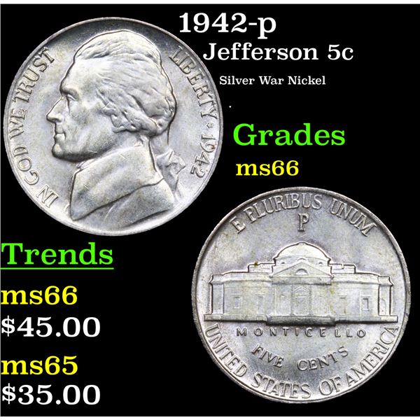 1942-p Jefferson Nickel 5c Grades GEM+ Unc