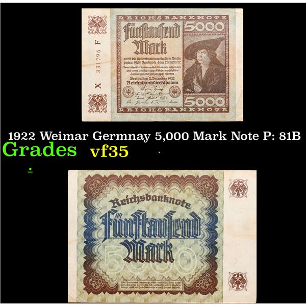 1922 Weimar Germnay 5,000 Mark Note P: 81B Grades vf++